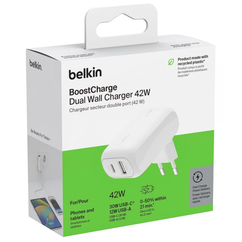 Adaptateur Secteur USB-A + USB-C BELKIN 42W - WCB009VFWH — Belkin · Smarty Paris 18e